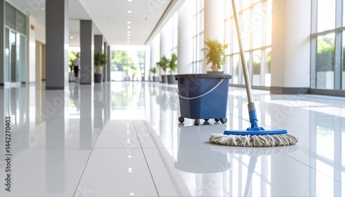 Mop and Cleaning Bucket in Modern Corridor with White Tiled Floor, Low-Angle
