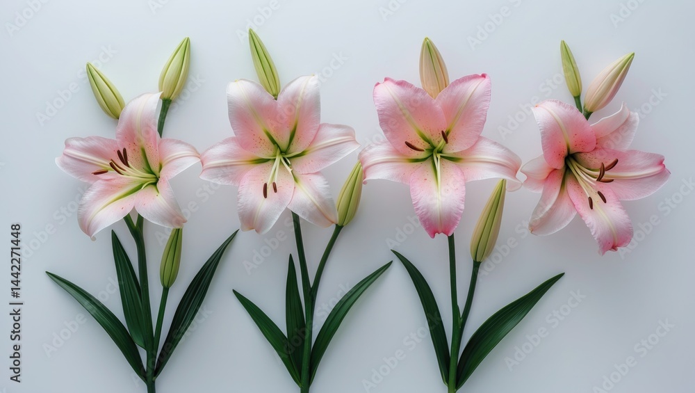 Fototapeta premium Isolated pink lily hybrid blooms against a white background