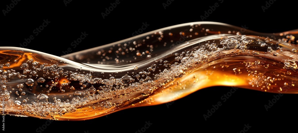 Obraz premium Cola bubbles rising in dark brown liquid during summer celebration