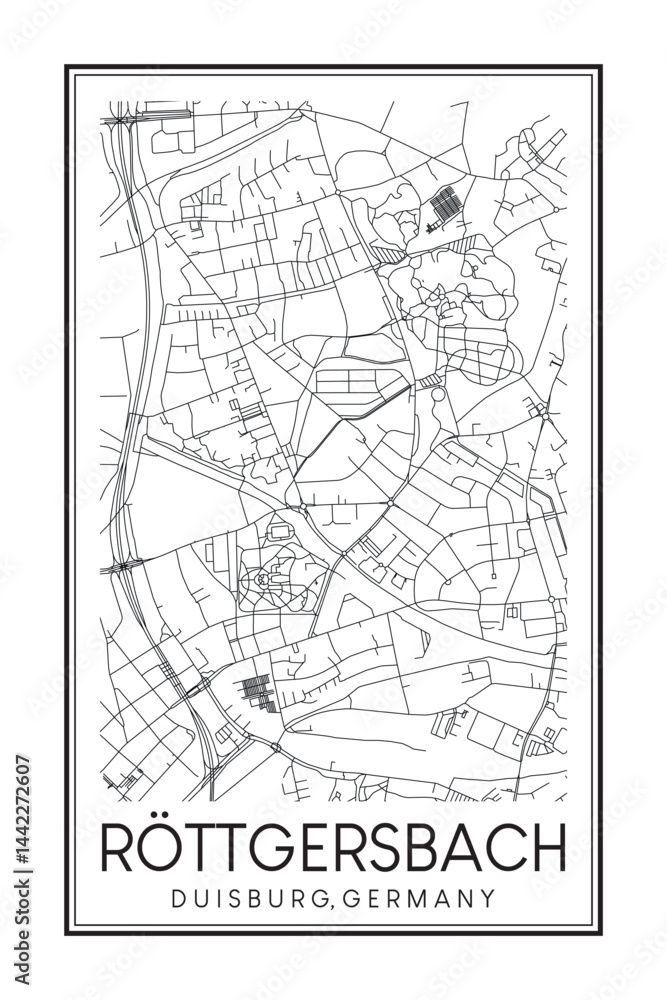 Obraz premium Hand drawn printable downtown road map poster of borough RÖTTGERSBACH of the German city of DUISBURG on solid white background with city name