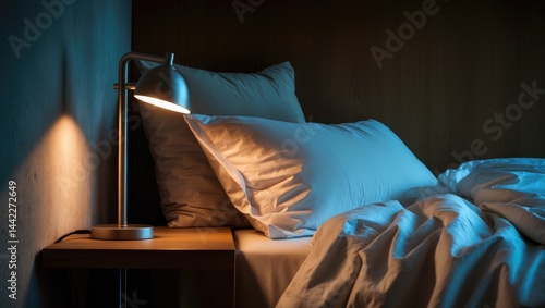 A serene corner of a comfortable bedroom showcasing a plush pillow and a fashionable bedside lamp casting warm light on textured walls