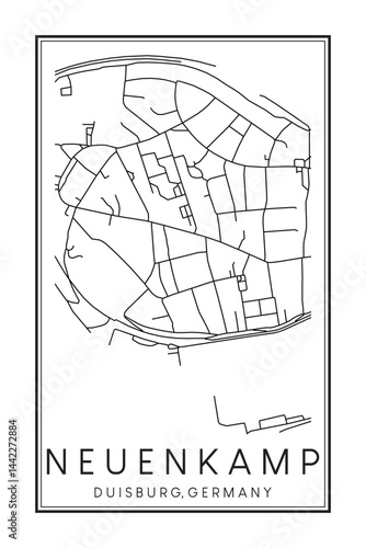 Hand drawn printable downtown road map poster of borough NEUENKAMP of the German city of DUISBURG on solid white background with city name