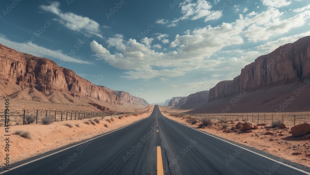 Fototapeta premium Scenic mountain route featuring desert asphalt roads, transport infrastructure, and a border fence wall