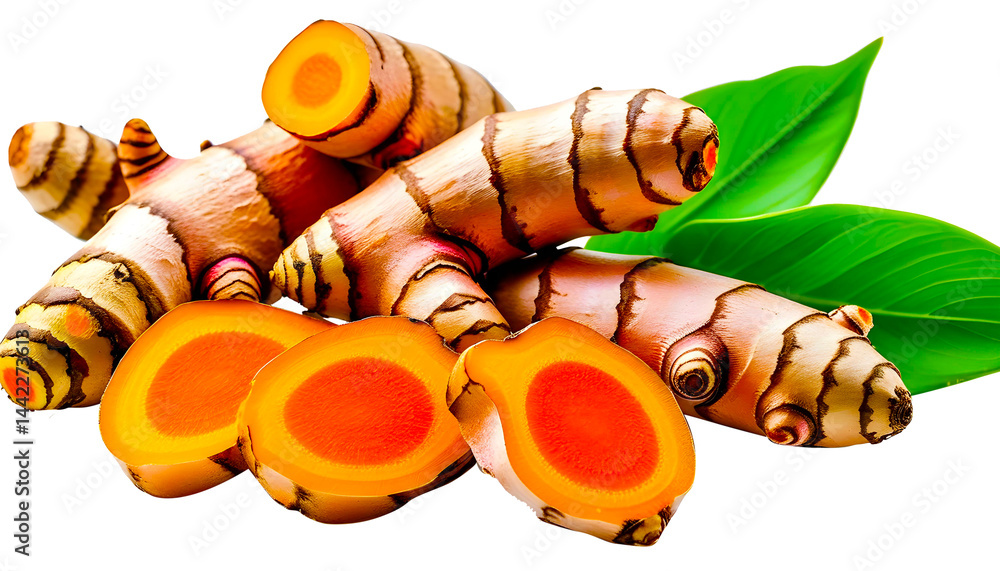 Fresh Turmeric Rhizomes with Slices and Leaves