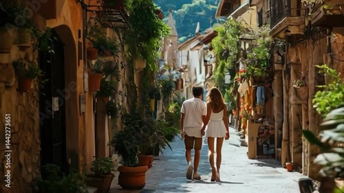 A couple walking down a narrow street with a lot of plants and trees. The street is lined with potted plants and the couple is holding hands