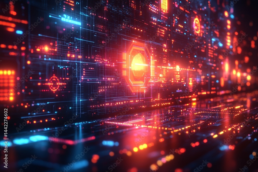 Digital network data flow, glowing circuits, futuristic server room background Digital network data flow, glowing circuits, futuristic server room background