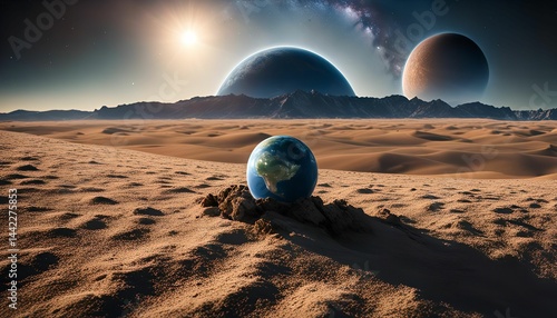 Earth in a Desert Landscape Under a Starry Sky