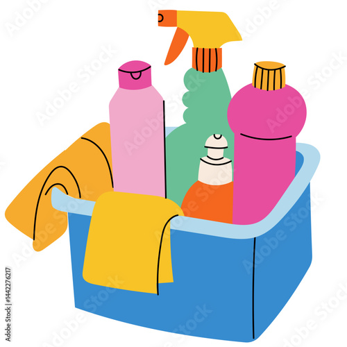 Cleaning products in blue bucket. Sanitary chemical products for home cleaning, floor, kitchen and toilet.blue bin filled with various cleaning products and spray bottles, accompanied by yellow towels