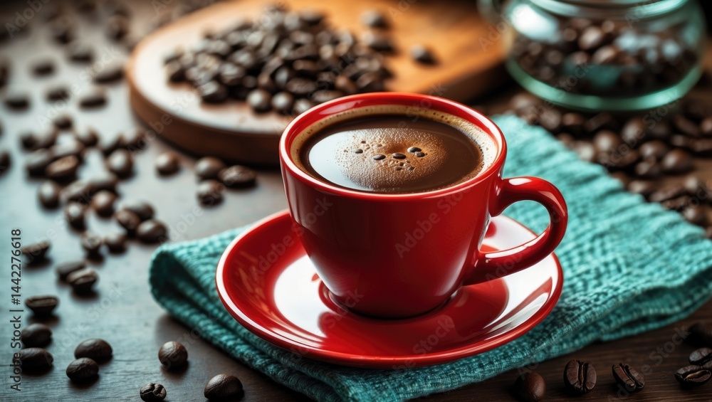 Fototapeta premium Black coffee aroma alongside coffee beans