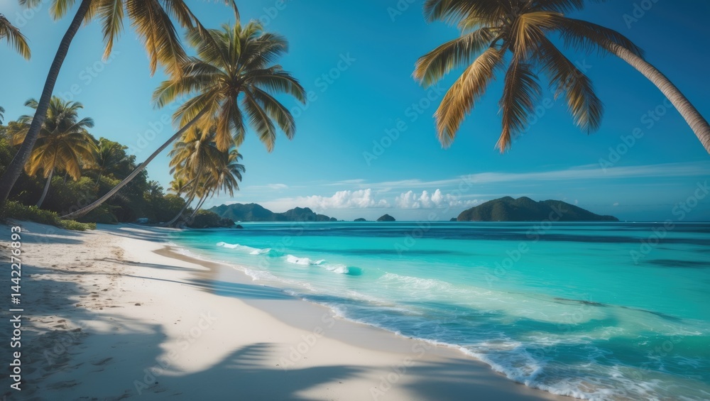 Peaceful island beach with palm trees, clear waters, coral reefs, white sands, diverse sea life, and a relaxing atmosphere Peaceful island beach with palm trees, clear waters, coral reefs, white sands, diverse sea life, and a relaxing atmosphere