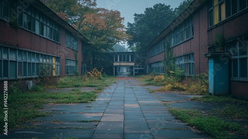Overgrown walkways and darkened buildings reveal a deserted university campus. Nature reclaims the space, symbolizing the current struggles within the education sector