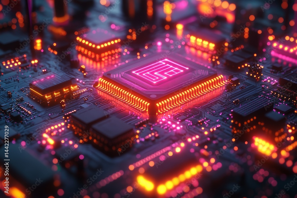Glowing CPU on Circuit Board, Tech Background, Data Processing Glowing CPU on Circuit Board, Tech Background, Data Processing