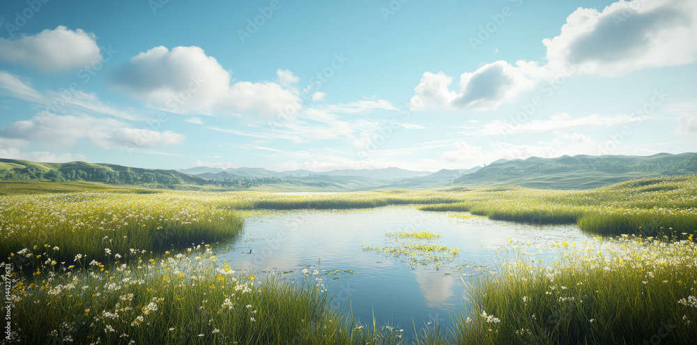 serene landscape featuring tranquil pond surrounded by lush green grass and wildflowers under bright blue sky with fluffy clouds. scene evokes sense of peace and natural beauty serene landscape featuring tranquil pond surrounded by lush green grass and wildflowers under bright blue sky with fluffy clouds. scene evokes sense of peace and natural beauty