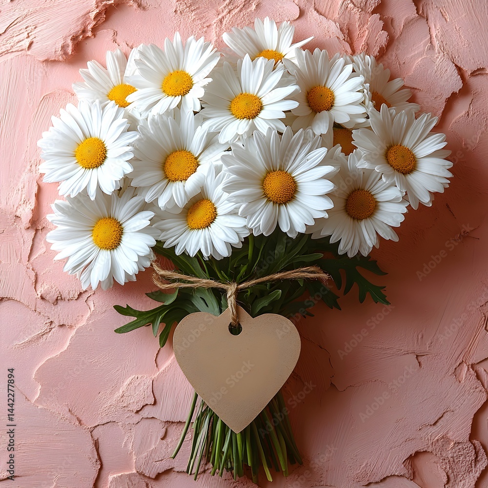 Obraz premium minimalist flat lay of a bright white daisy bouquet tied together with a heart-shaped tag, isolated on a soft pastel pink background. greeting cards, banners