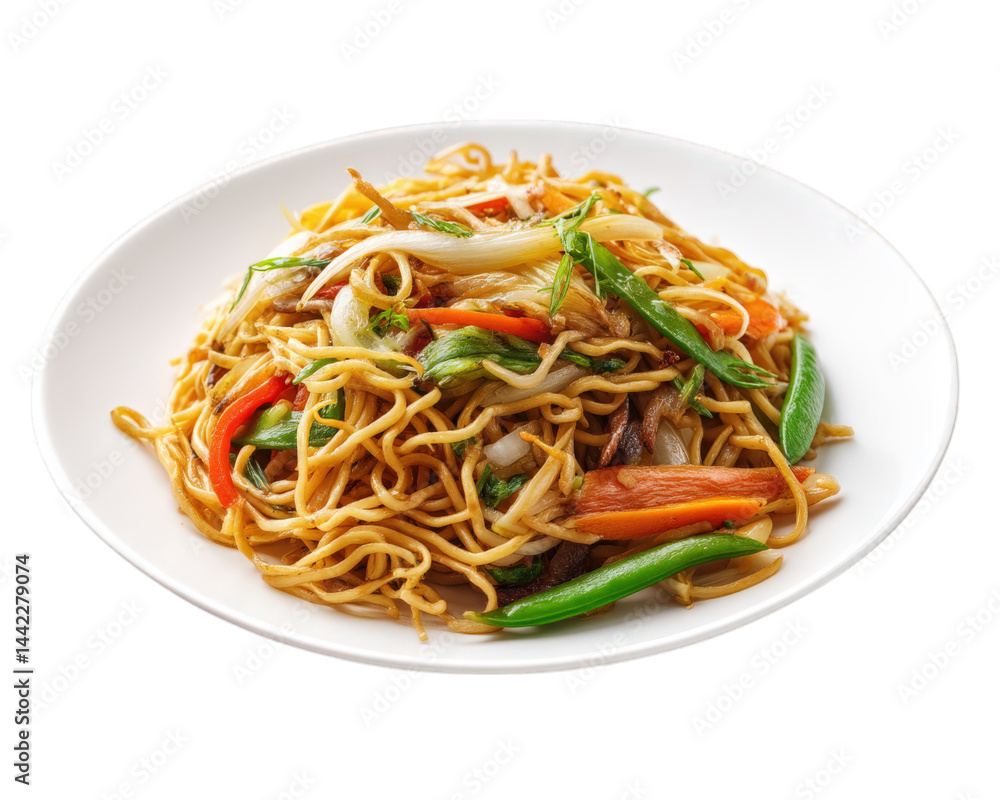 Plate of stir fried noodles with colorful vegetables, showcasing vibrant mix of bell peppers, green beans, and onions, creating delicious and appetizing dish Plate of stir fried noodles with colorful vegetables, showcasing vibrant mix of bell peppers, green beans, and onions, creating delicious and appetizing dish