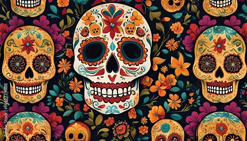 Colorful Sugar Skulls and Flowers Pattern