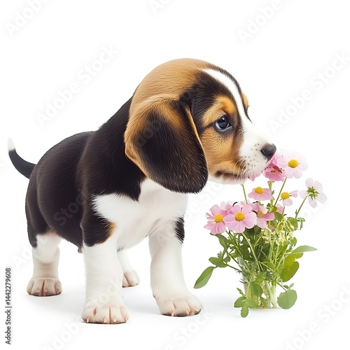 Beagle Puppy Sniffing Flowers isolated on white background