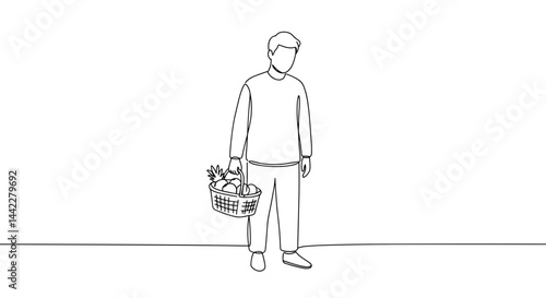 Man Holding a Basket of Groceries in Minimalist Style  
