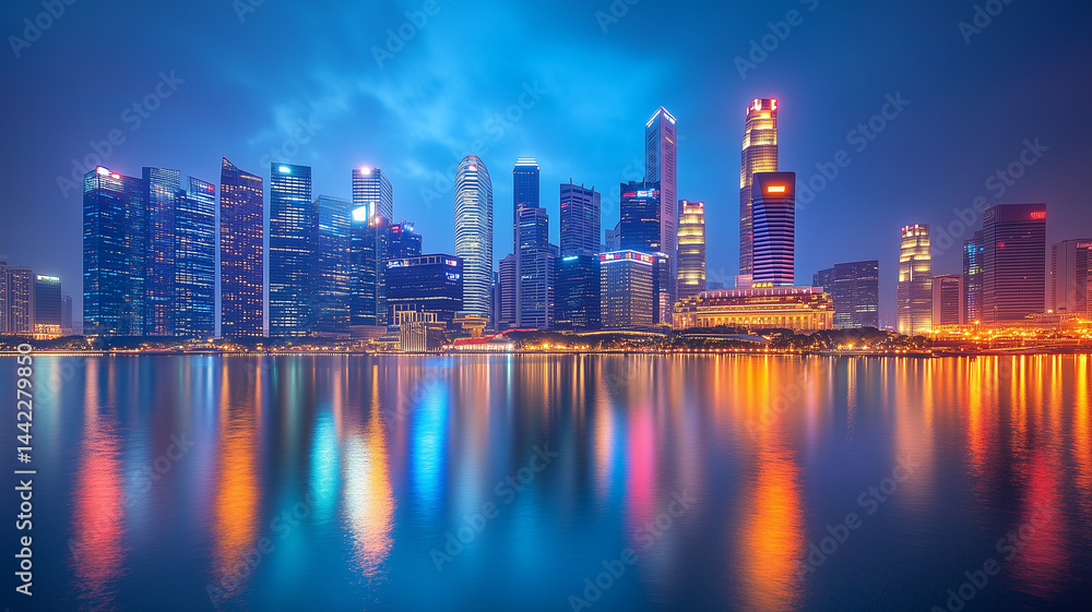 Fototapeta premium stunning city skyline at night, showcasing illuminated skyscrapers reflecting on water. vibrant lights create captivating atmosphere, perfect for urban photography