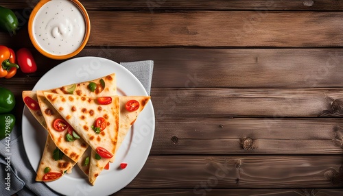 Delicious Quesadillas with Toppings on Wooden Table