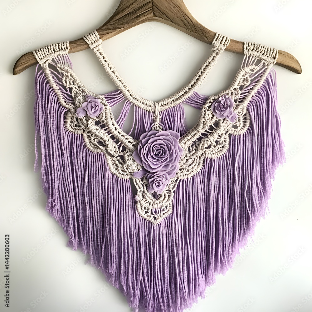 Lavender Macrame Wall Hanging with Floral Detailing Bohemian Style Decor Lavender Macrame Wall Hanging with Floral Detailing Bohemian Style Decor