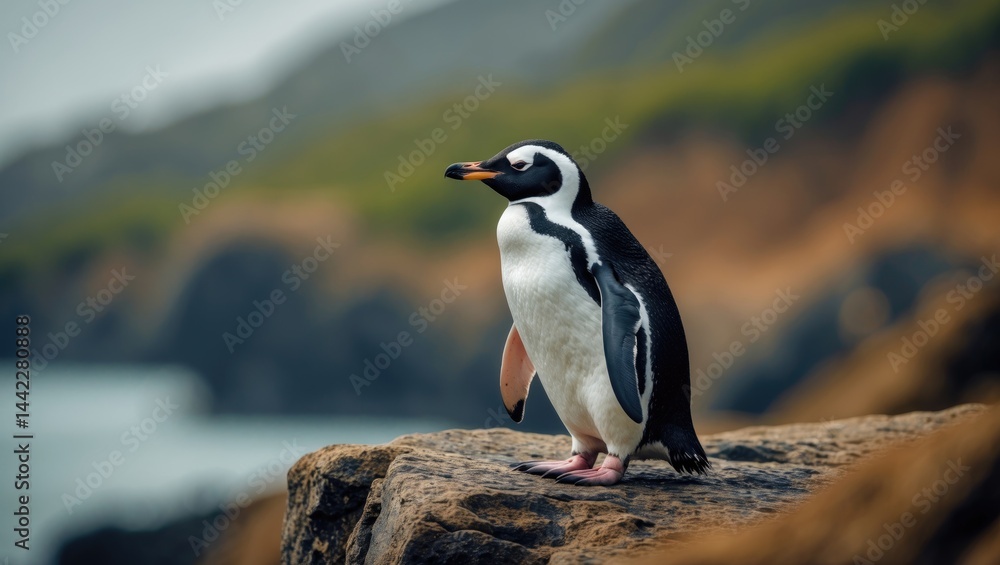 Naklejka premium A lone penguin balances on a rocky outcrop, watching over the wild scenery