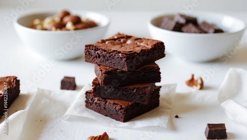 Homemade chocolate brownies arranged on a white surface, dessert concept. Sweet treat