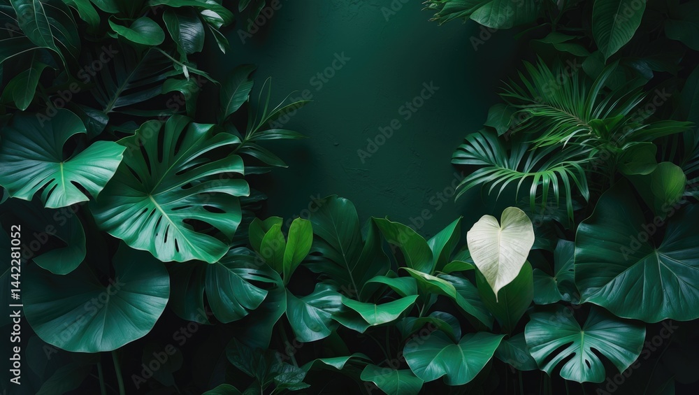 Dark green background featuring tropical foliage Dark green background featuring tropical foliage