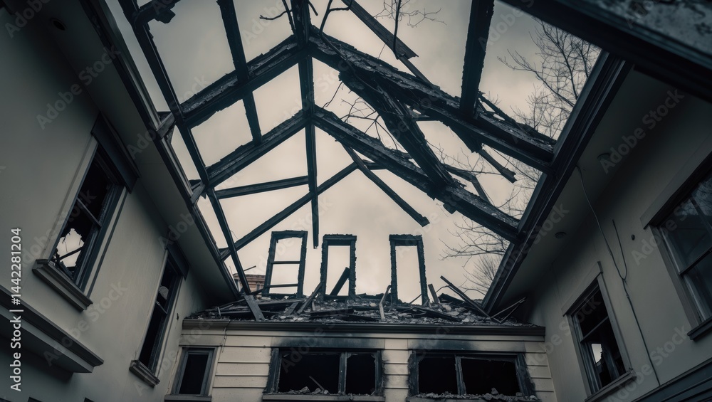 Obraz premium The roofing system of a house that suffered a fire.