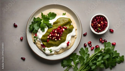 Chiles rellenos with pomegranate seeds and cilantro