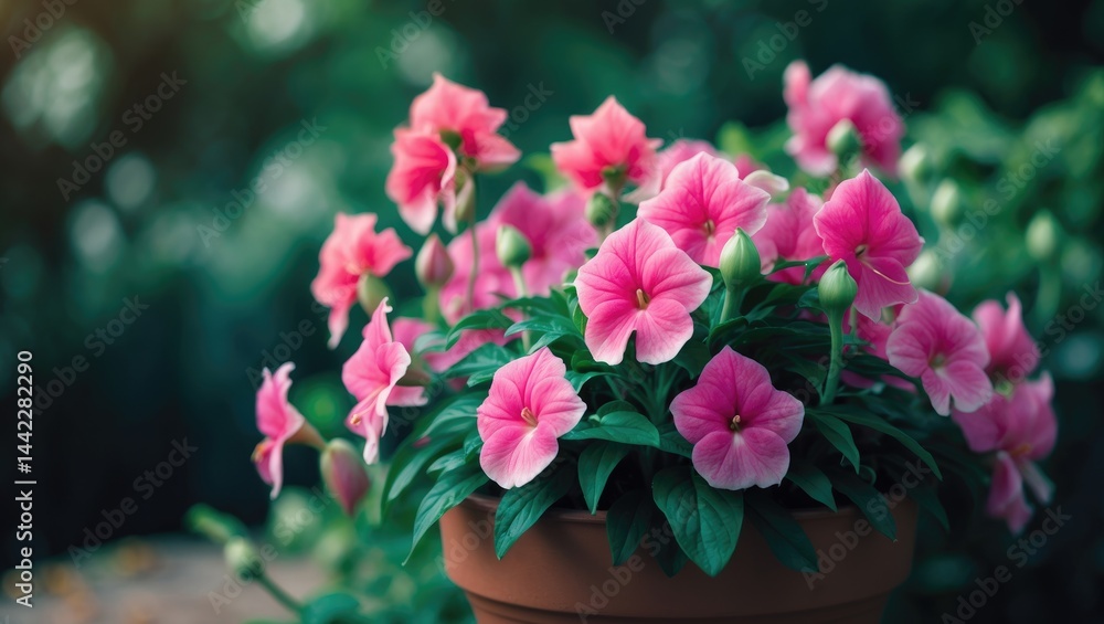 An up-close photograph of impatiens in a flowerpot with a fuzzy background An up-close photograph of impatiens in a flowerpot with a fuzzy background