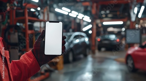 Mechanic car repair on touchscreen in Auto repair shop holding mobile phone white screen use automobile online service mobile application