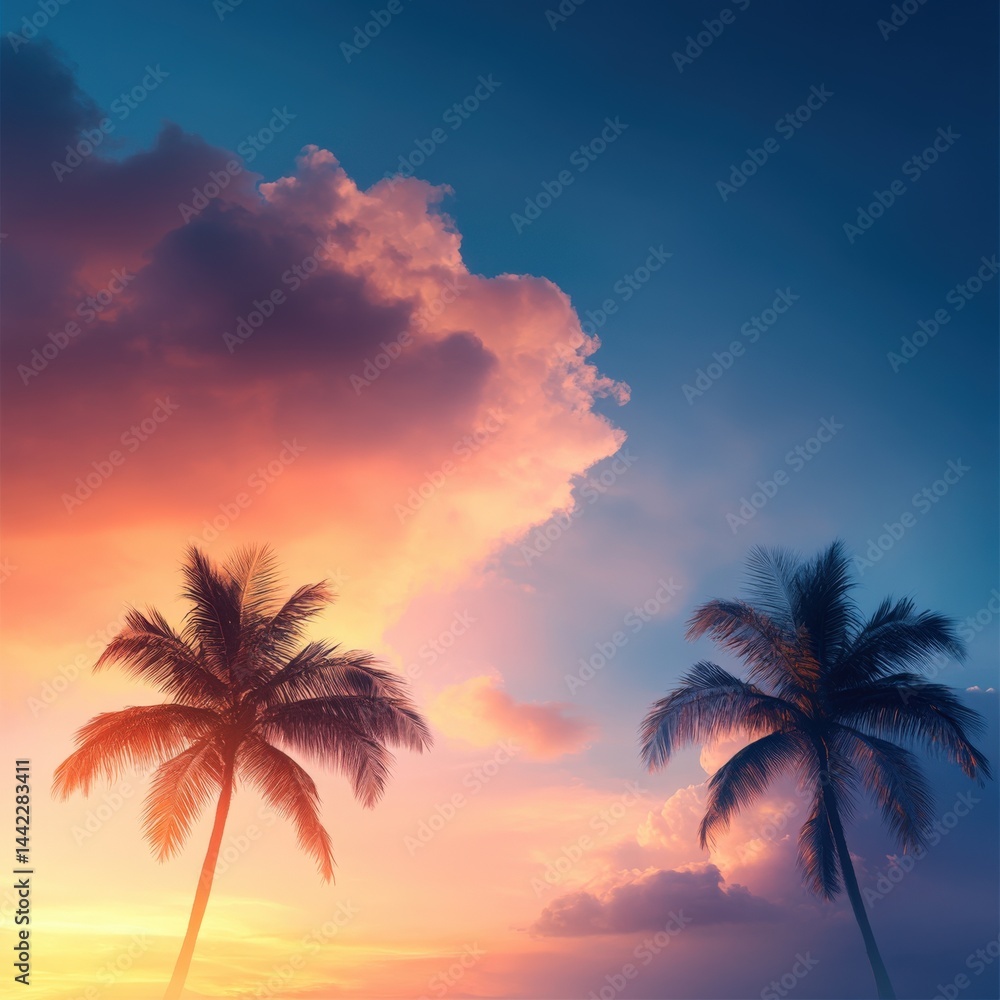 Fototapeta premium Palm trees at sunset glow