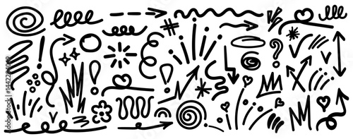Collection of hand drawn doodles and squiggles for text highlighting sign. Set of design elements with texture of scribbles. Black line brush stroke. Simple cute vector swashes, strokes, note, diagram