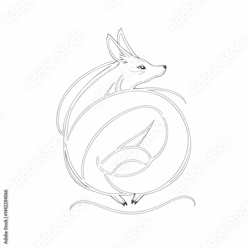 Curled fox ethereal art with minimalistic lines showing a magical creature