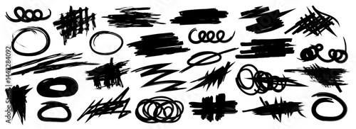 Collection of hand drawn doodles and squiggles for text highlighting sign. Set of different design elements with scribbles texture. Black brush strokes. Simple cute vector swashes and strokes