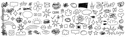 Collection of hand drawn doodles and squiggles for text highlighting sign. Set of different design elements with scribbles texture. Black brush strokes. Simple cute vector swashes and strokes
