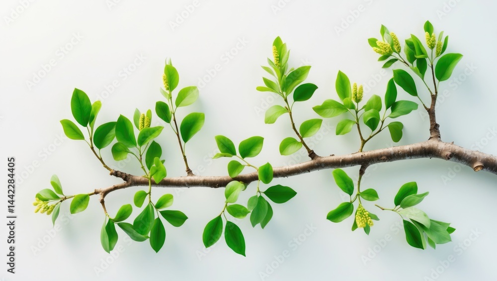 Isolated birch branch with small green foliage and catkins on a white backdrop Isolated birch branch with small green foliage and catkins on a white backdrop