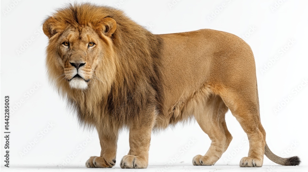 Obraz premium a majestic lion standing in the wild on a white isolated background, powerful and graceful design