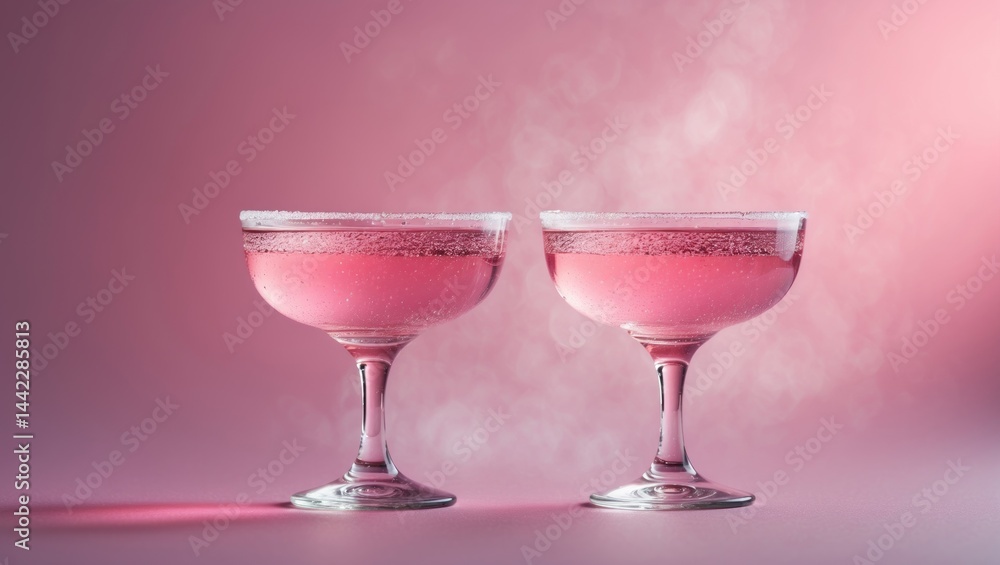Two sparkling rose wine margarita glasses on a pink surface, greeting card Two sparkling rose wine margarita glasses on a pink surface, greeting card