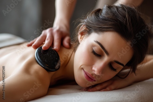 A lovely young woman receives a hot stone massage at a spa salon