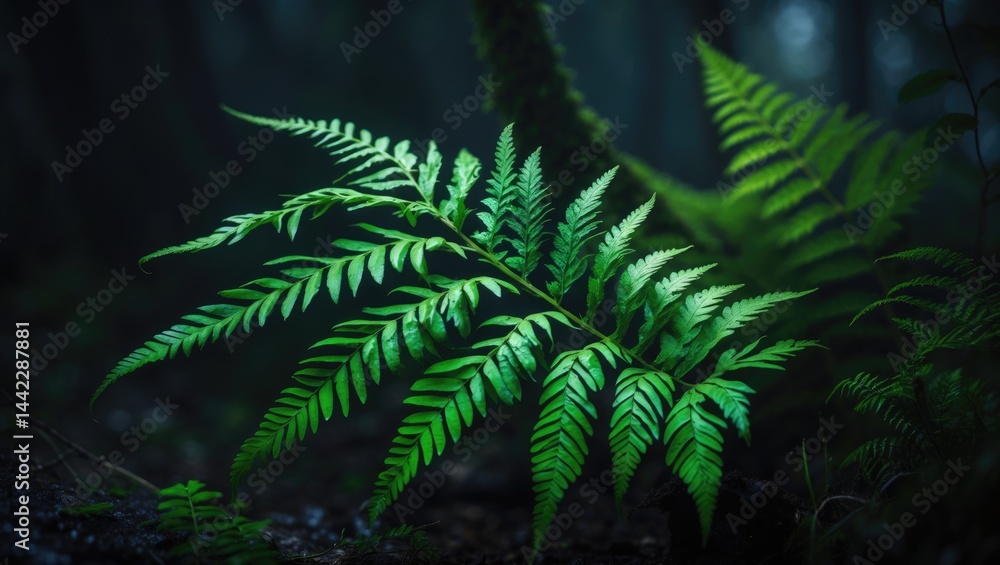 Macro photograph of a green fern frond with soft fronds opening up against a shadowy background. Macro photograph of a green fern frond with soft fronds opening up against a shadowy background.
