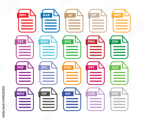 File type icon set. file format colored symbols. Popular files format and document. Format and extension of documents. Set of pdf, doc, excel, png, jpg, psd, gif, csv, xls, ppt, html, txt., file forma
