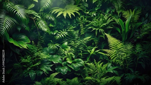 Tropical fern leaves creating a green pattern backdrop.