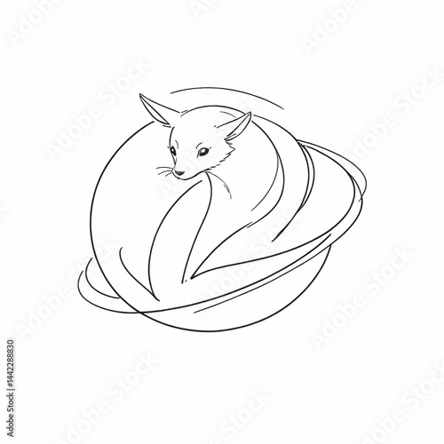 Feline elegance A curled fox in minimalist line art