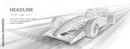 Formula One f1. Abstract vector 3d f 1 bolide rasecar on speedway. Fast motion. Finish line. Success in competition, rase winner, business win concept.