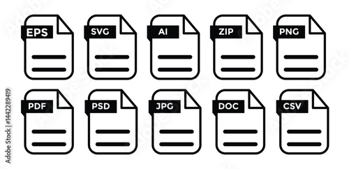 File type icon set. file format colored symbols. Popular files format and document. Format and extension of documents. Set of pdf, doc, excel, png, jpg, psd, gif, csv, xls, ppt, html, txt., file forma