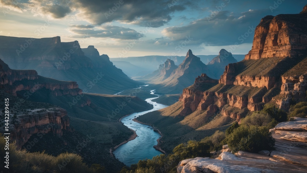 Fototapeta premium A 26 km long Canyon features the Three Rondavels on the right, three mountain peaks that look like traditional homesteads.