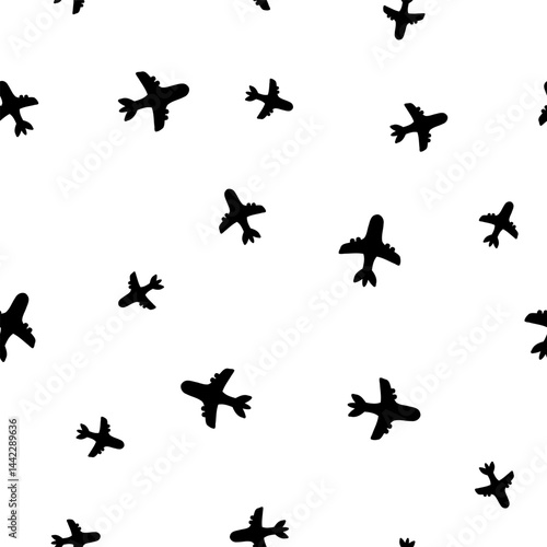Seamless pattern simple planes. Passenger aircraft or toy airplane vector pattern. Black on white.