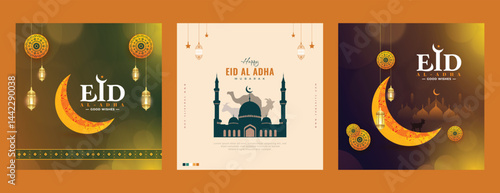Eid al adha wishes and greetiing social media three  post banner vector design 